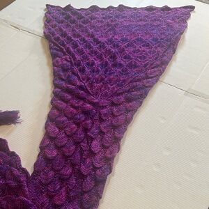 Purple pink and bluish knitted Mermaid Tail Blanket costume with fringe at ends